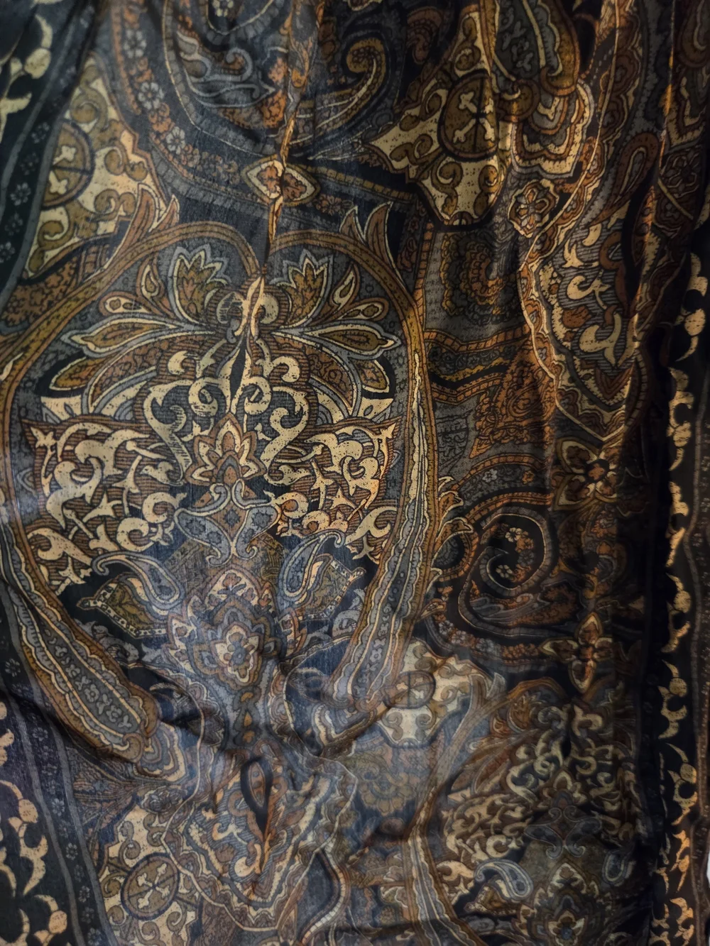 S125. Vintage Anne Klein Brown Paisley Scarf with Black Trim